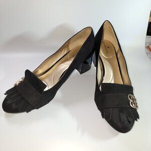 Bandolino Women's Black Suede & Patent Leather Chunk Heals Classic US Size 8.5